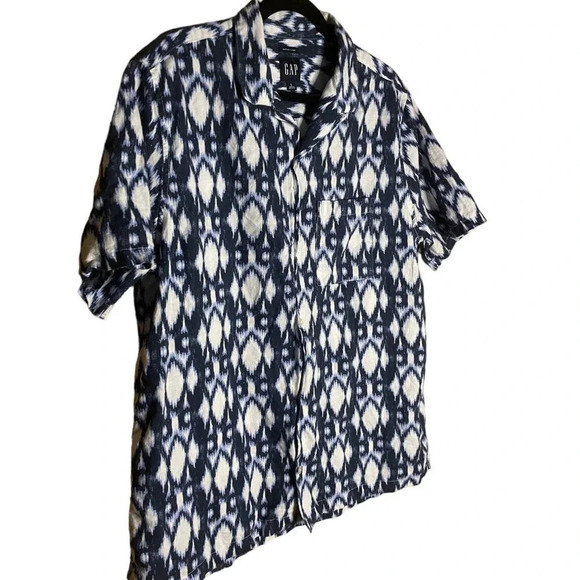 GAP Men's Blue & White IKAT Linen Short Sleeve Button Down Shirt Sz Large - Picture 4 of 12